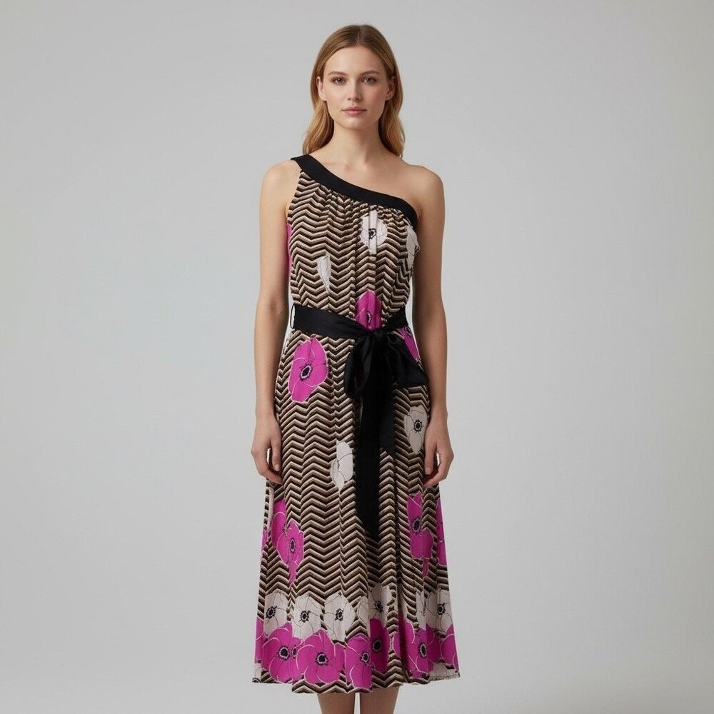 Julie Haus Pink Tan Black Stripe/Floral Silk One Shoulder Dress Size Small